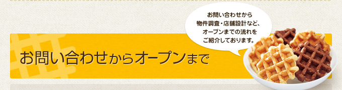 お問い合わせからオープンまで：お問い合わせから物件調査・店舗設計など、オープンまでの流れをご紹介しております。